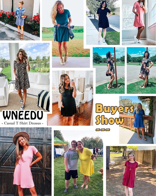 WNEEDU Women's Summer Casual T Shirt Dresses Short Sleeve Swing Dress with Pockets (2XL, Beja Blue)
