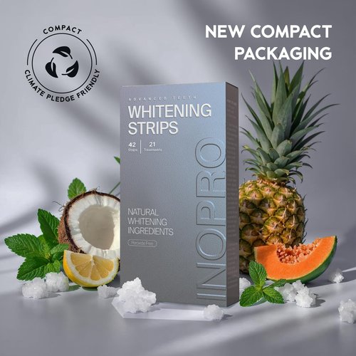 InoPro Natural Teeth Whitening Strips Kit 21 Treatments - Sensitive Teeth Whitener, Peroxide Free with Papain, Bromelain, Coconut Oil, White Strips for Teeth Whitening (42 Strips)