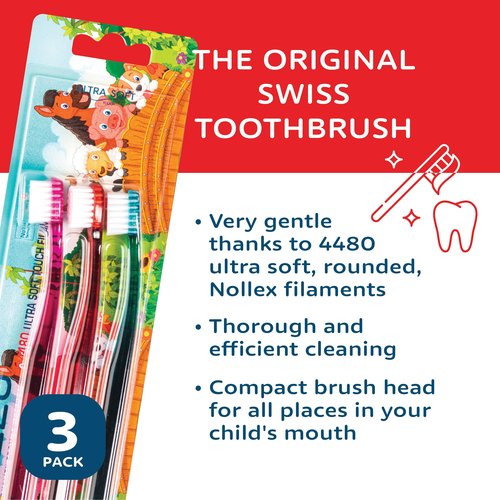 TELLO 4480 Adult or Child Ultra Soft Swiss Toothbrush with Smaller Head for Gentle Cleaning with Ergonomic Handle, 3 Count