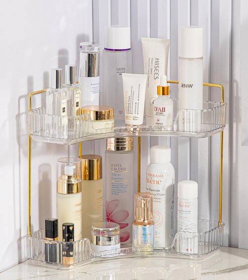COMODID 2-Tier Clear Corner Bathroom Countertop Makeup & Perfume Organizer Shelf