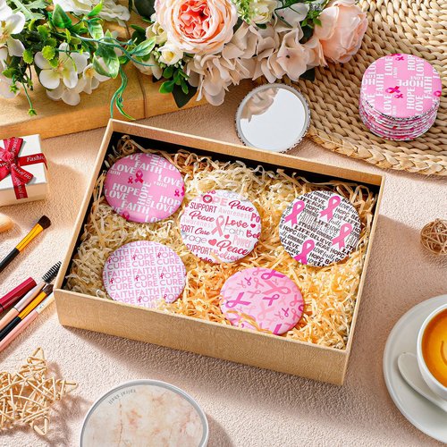 Pinkunn 100 Pcs Breast Cancer Awareness Gifts for Woman Bulk Inspirational Breast Cancer Survivor Gifts Compact Mirrors Pink Ribbon Motivational Mini Pocket Travel Makeup Mirrors (Ribbon)