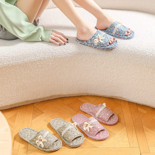 biroris 3 Pairs Floral Cotton House Slippers for Women, Open Toe Indoor Slippers Comfortable Washable Portable Foldable Guest Travel Hotel Airplane Spa Slippers