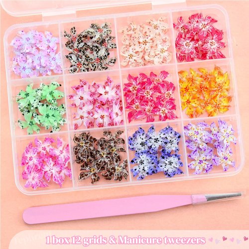 12 Grids 120Pcs Flower Nail Art Charms Cute Hawaii Flower Nail Rhinestones Colorful Flowers Nail Diamonds Hibiscus Floral Nail Gem Summer Nails Jewelry Tiny Flowers Nail Design for Women Nail Supplies