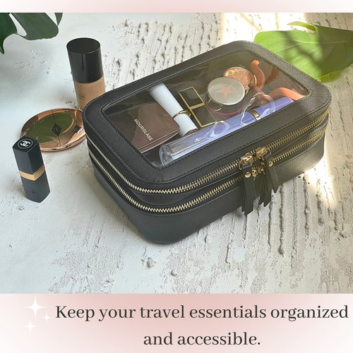 JAZD Clear Makeup Bags, Cosmetic Toiletry Organizer for Women, Travel Make up Toiletries, Small Transparent Pouch, TSA Approved Train Case (BLACK)