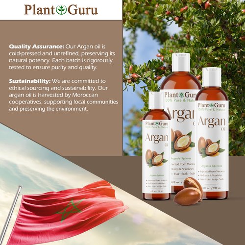 Argan Oil 16 fl. oz. Morocco Virgin, Cold Pressed 100% Pure Natural - Stimulates Hair Growth, Skin, Face And Body Moisturizer.