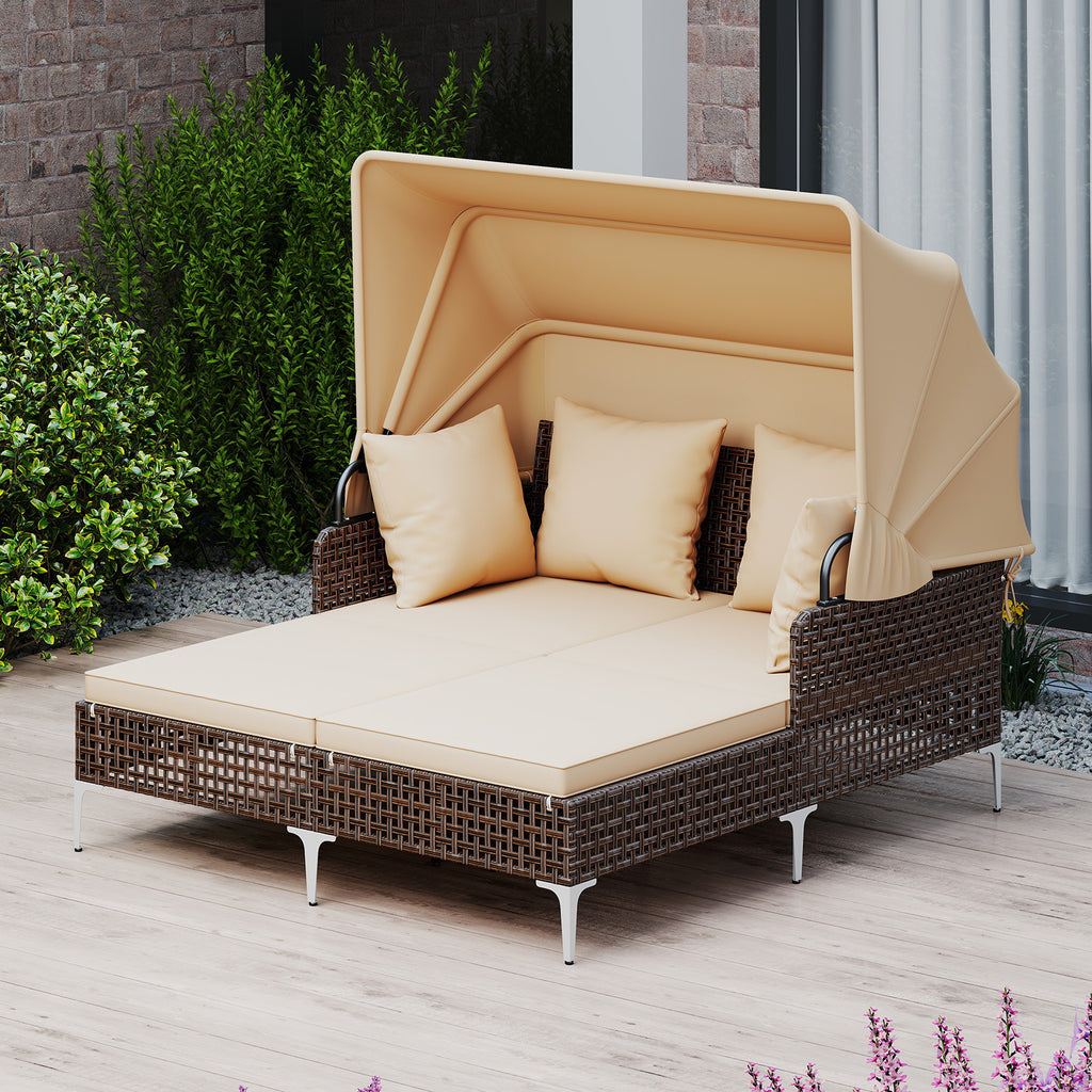 Outdoor Daybed with Retractable Canopy, PE Rattan - Brown