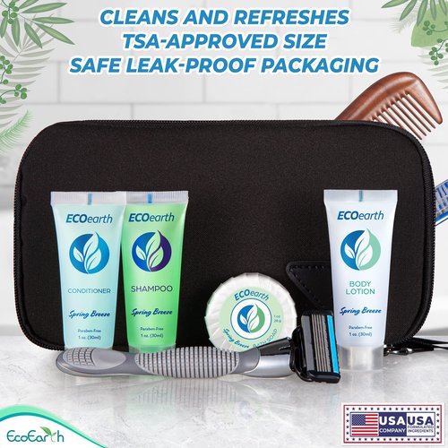 EcoEarth Hotel Toiletries Bundle (Spring Breeze, 1 oz Each, 125 Pieces) 5-Piece Set: 25 Each Round Bar Soap, Shampoo, Conditioner, Body Lotion & Body Wash - Bulk Mini Guest Amenities