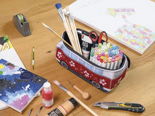 BRISA VW Collection - Volkswagen Neoprene Universal Makeup Cosmetics Toiletry Travel Pharmacy Bag in T1 Bus Design (Hibiscus/Red) (Small (9.1 x 4.3 x 3.1 inches))