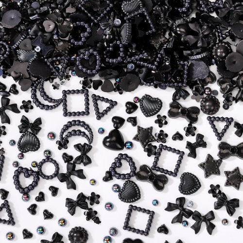 300 pcs 3D Nail Charms for Acrylic Nails Bows, Pearls, Hollowed Hearts, Ribbons, Five-Pointed Stars, Half-Pasted Pearl Flowers, Roses, Bowknots, and Stars Suitable Art, DIY Accessories, Crafts (Black)