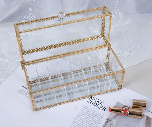 FSyueyun Glass Lipstick Organizer Holder with 24 Slot, Dust Free Vanity Lip Gloss Lipstick Eye Liner Makeup Display Cases Decoration for Dresser Countertop