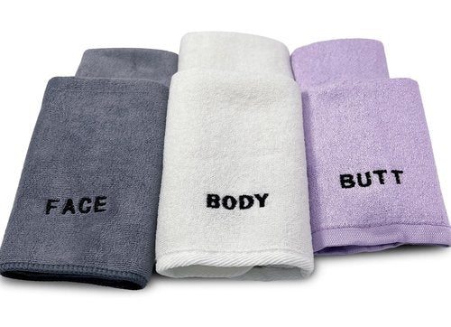 Crafty Cloth 6-Piece Washcloth Set – Face, Body, Butt Cloths | 3 Distinct Textures | Ultra-Soft, Rigid Exfoliation, and Hygiene Cloths for Sensitive Areas (Gray,White,Purple, Embroidered 6-Piece Set)