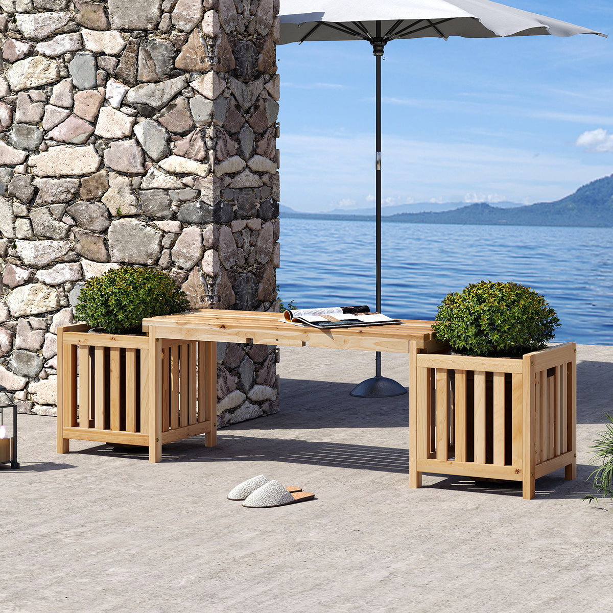 2-Person Wooden Patio Bench with Planter Boxes - Natural