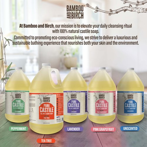 BAMBOO AND BIRCH Pure Castile Soap Liquid, Certified Palm Oil Free Natural Soap, Unscented, 1 Gallon