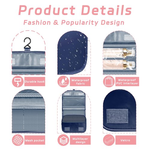 YEMEDA Toiletry Bag Travel Bag with Hanging Hook, Waterproof Capacity Hanging Multifunctional Makeup Bag for Toiletries, Portable Cosmetic Bag Travel Organizer for Women and Men(Royal Blue)