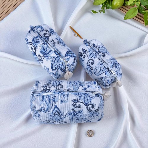 Vivanta Quilted Makeup Bag Set – Indigo Block Print Toiletry Bag for Women, Travel Makeup Organizer, Cosmetic Bags Set of 3 Floral Cotton Pouches, Travel Size Toiletries Kit, Zippered Toiletry Pouch