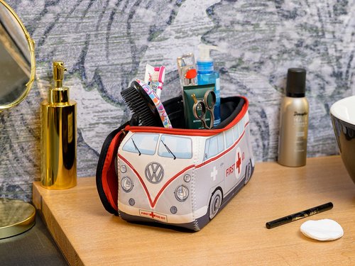 BRISA VW Collection - Volkswagen Neoprene Universal Makeup Cosmetics Toiletry Travel Pharmacy Bag in T1 Bus Design (First Aid/Gray) (Large (11.8 x 5.5 x 4.7 inches))
