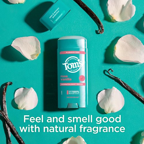 Tom’s of Maine Rose Vanilla Aluminum Free Natural Deodorant For Women & Men | Goes on Clear | Odor & Wetness Protection | Naturally Derived and Moisture-Locking Ingredients | 3.25 oz (2 Pack)