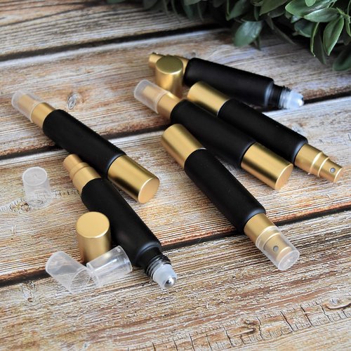 6-Pack Black Glass Bottles with Dual Ends – Sprayer & Roller Tops – Leakproof, Premium Essential Oil & Perfume Bottles with Elegant Gold Accents – Refillable Custom Blend Containers