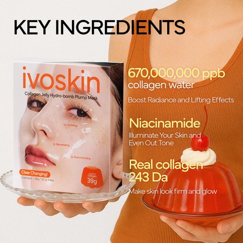 IVOSKIN Collagen Jelly Hydro-bomb Plump Mask, Hydrating 39g x 4ea Real Collagen Mask, Firming and Moisturizing for Glow Skin, Collagen Water over 670,000 ppm