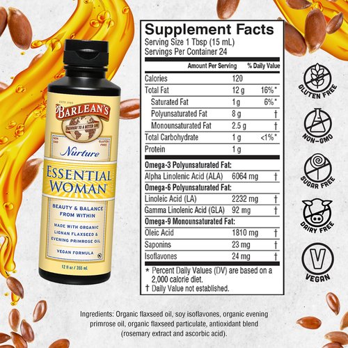 Barlean's Essential Woman Liquid Supplement for Women, Organic Flaxseed and Evening Primrose Oil for Healthy Hair, Nails and Skin, Omega 3 6 9 and GLA, 12 oz