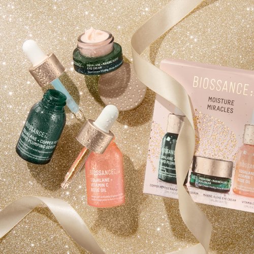 Biossance, Moisture Miracles Holiday Gift Set, Vitamin C Rose Oil, Marine Algae Eye Cream, Copper Peptide Rapid Plumping Serum, facial skincare set