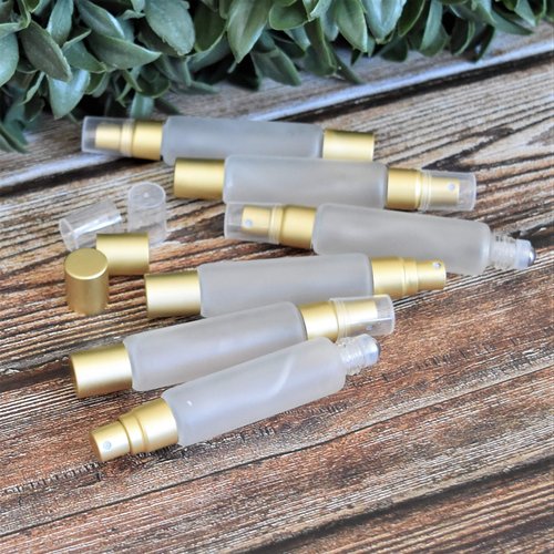 6-Pack Frosted Clear Glass Bottles with Dual Ends – Sprayer & Roller Tops – Leakproof, Quality Essential Oil & Perfume Bottles with Elegant Gold Accents – Refillable Custom Blend Containers