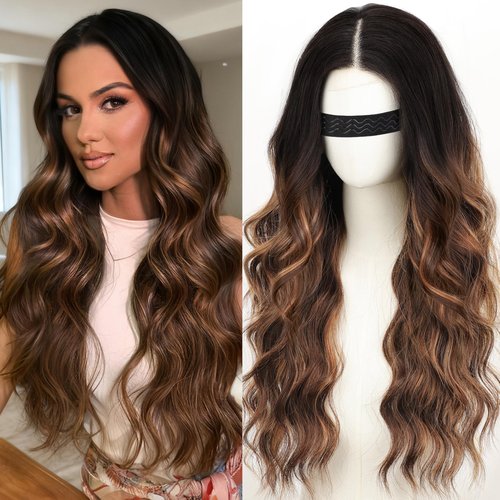 Nnzes Long Brown Highlight Wavy Wig 4x1 Lace Natural Hairline Middle Part Curly Heat-Resistant Synthetic Fiber for Women & Beginners Daily Party Use 26In