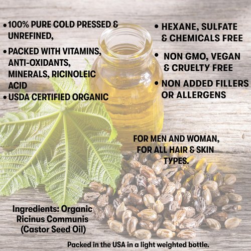 Premium Organic Castor Oil Cold Pressed Unrefined For Skin Scalp Hair Growth Eyelashes & Eyebrows, Therapeutic & Detox. Hexane & Chemicals Free 16Oz