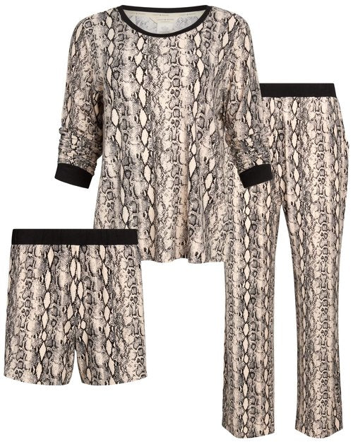 Lucky Brand Women's Pajama Set - 3 Piece Long Sleeve Night Shirt, Sleep Pants, Lounge Shorts (S-XL), Size Medium, Soft Snake