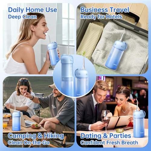 PERSMAX Portable Water Flosser for Teeth Cleaning - Cordless Dental Pick Electric Oral Irrigator for Travel, Kids, with 3 Modes 8 Pressure Settings, 2 Tips, 150ML, Mini Size, IPX7, Gradient Blue