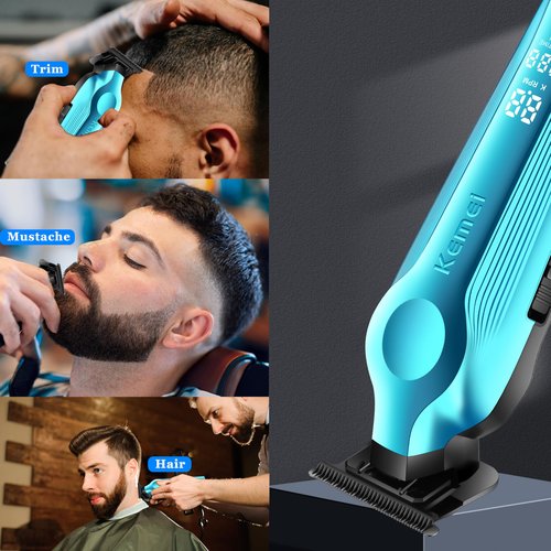 KEMEI Hair Trimmer and Foil Shaver for Men, Cordless Hair Clippers Beard Trimmer with T Blade, Waterproof Razor Shaver, Rechargeable Barber Clippers with LED Display, KM-264 Blue, KM-2024