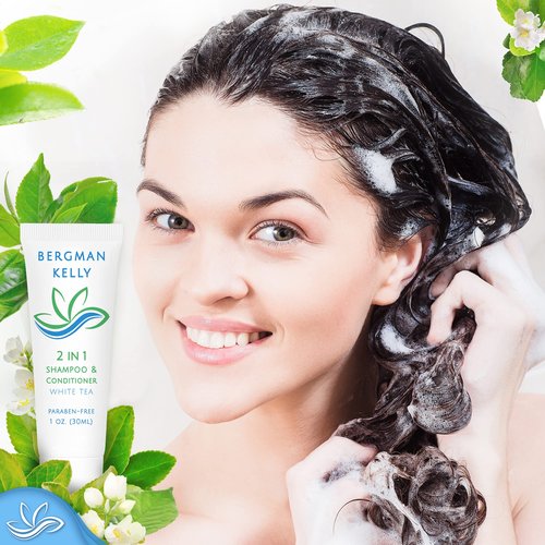 BERGMAN KELLY Rectangle Soap Bars, 2in1 Shampoo & Conditioner 2-Piece Set (White Tea, 1 oz each, 100 pc), Delight Your Guests with Revitalizing & Refreshing Sanitary Toiletries & Hotel Amenities