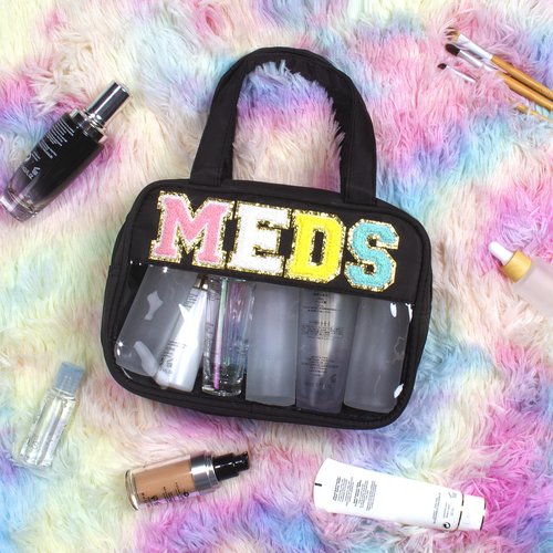 BuyCard Chenille Letter Clear Medicine Makeup Bag for Travel, Preppy Patch Nylon Cosmetic Meds Pouch with Handles and Zipper, Waterproof Large Travel Toiletry Bag Storage Case for Women Black