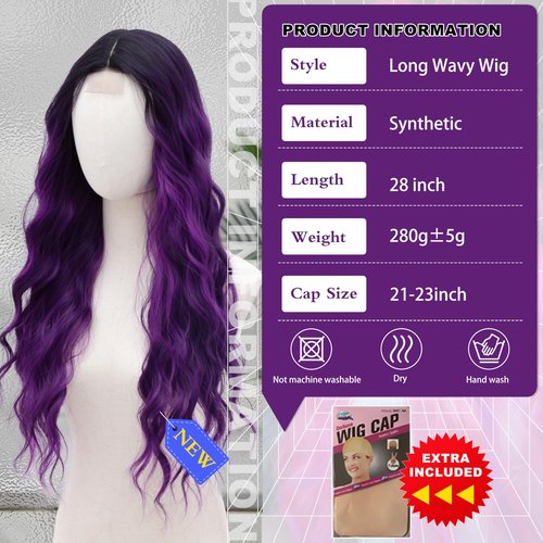 BUPPLER Cosplay Long Black to Purple Wig 28 Inch Middle Part Synthetic Wig Realistic Gifts Party Wigs for Women Daily Use Colorful Wigs (Black to Purple)