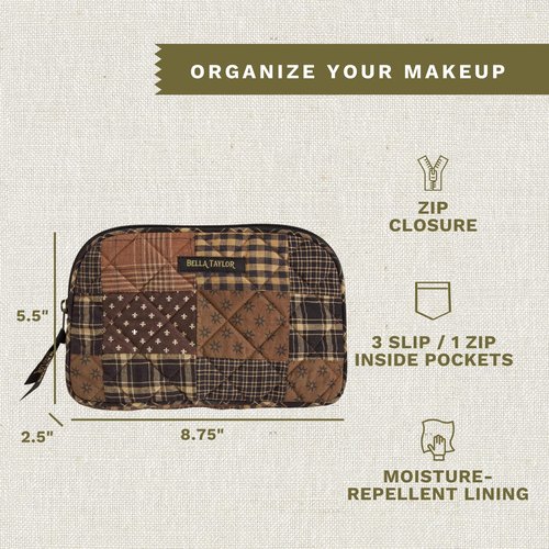 Bella Taylor Large Quilted Cotton Makeup Pouch for Women, Travel Cosmetic Bag, Quilted Cotton Ironstone Black and Brown Patchwork