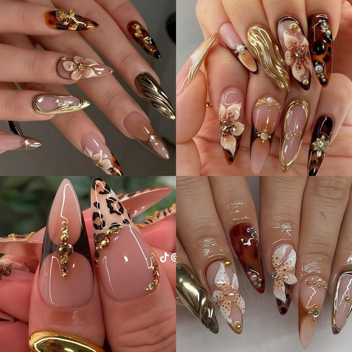 2 Sheets Fall Winter Brown Leopard Flower Nail Art Sticker 5D Self-Adhesive Hibiscus Flower Nail Decals Leopard Print Pattern Nail Design Leopard French Heart Nail Supplies for Women Manicure Decor