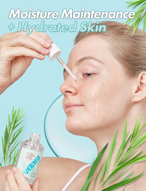 Vertty Tea Tree Hyaluronic Oil Free Ampoule | Hydrating, Moisturizing, Redness Relief Serum | Blemish Skin Corrector Serum | Non-Comedogenic Moisturizer for face | Long-lasting Hydration (1.5oz)