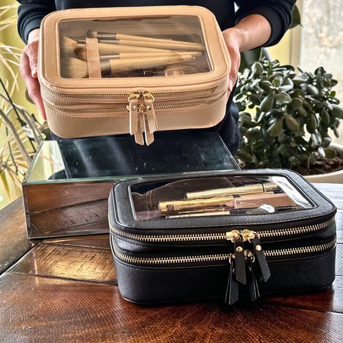JAZD Clear Makeup Bags, Cosmetic Toiletry Organizer for Women, Travel Make up Toiletries, Small Transparent Pouch, TSA Approved Train Case (BLACK)