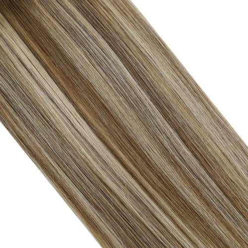 Ugeat Sew in Hair Extensions Balayage Chocolate Brown Invisible Weft Hair Extensions Human Hair Ombre Medium Brown Mix Light Blonde Double Weft Short Straight Remy Hair 14 Inch 80G