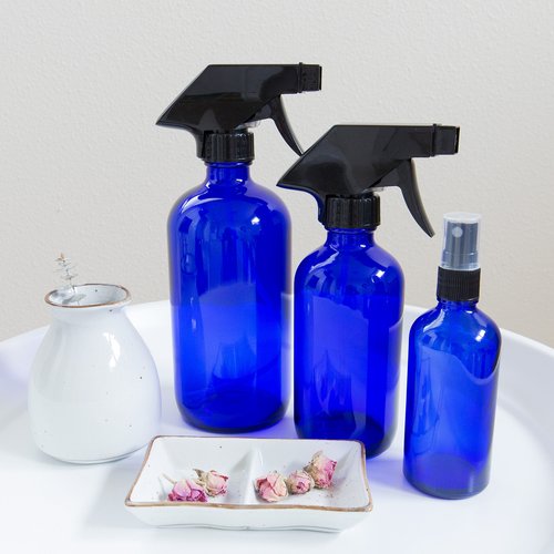 Youngever 6 Pack Empty Cobalt Blue Glass Spray Bottles Refillable Containers, 16 oz 8 oz 4 oz Spray Bottles for Essential Oils, Cleaning Products, Durable Black Trigger Sprayer Fine Mist and Stream