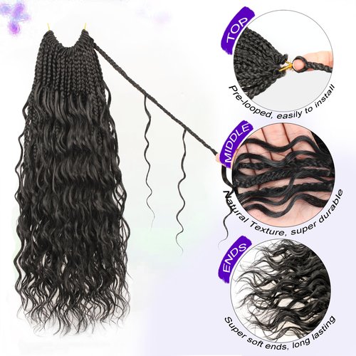 Goddess Box Braids Crochet Hair 14 inch Pure Protein Fiber Close to Human Hair 8 packs Boho Crochet Braids for Black Women Pre looped Bohemian Box Braid with Curly Ends Hair Extensions(14 inch, 1B)