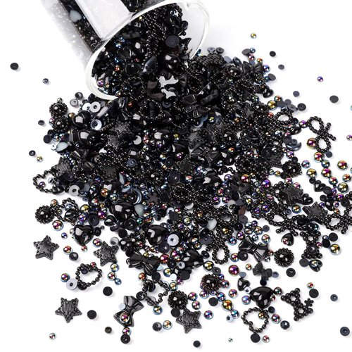 450pcs Black 3D Multi Shapes Pearl Nail Charms, COOSLIM Flatback Pearls Heart Bowknot Nail Charms Mix Styles Star Bow for Nail ArtDecoration