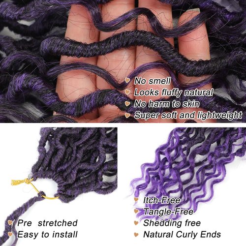 LIYATE Goddess Locs Crochet Hair 18 Inch 6 Packs Purple Faux Locs Crochet Hair for Black Women Pre Looped Soft River Locs Crochet Braids with Curly Ends Boho Locs crochet Hair (1B / Purple)