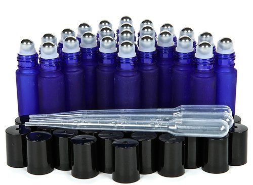 Vivaplex, 24, Frosted, Cobalt Blue, 10 ml Glass Roll-on Bottles with Stainless Steel Roller Balls. 3-3 ml Droppers included