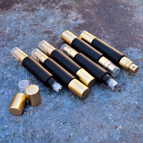 6-Pack Black Glass Bottles with Dual Ends – Sprayer & Roller Tops – Leakproof, Premium Essential Oil & Perfume Bottles with Elegant Gold Accents – Refillable Custom Blend Containers