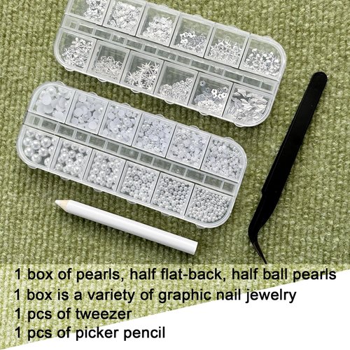 3D Nail Charms Flatback Pearls, Pearls for Crafts, Pearls with Rhinestones for Nail Art Women Girls Manicure Nails Supplies DIY Crafts Decorations
