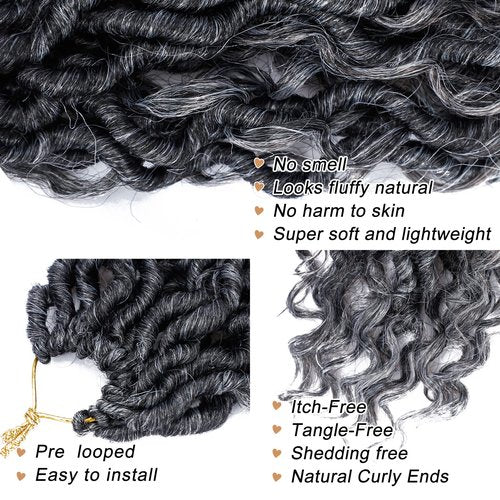 LIYATE Goddess Locs Crochet Hair 18 Inch 6 Packs Faux Locs Gray Crochet Hair for Black Women Pre Looped Soft River Locs Crochet Braids with Curly Hair Bohemian Locs Hair Extensions(T1B/Gray)