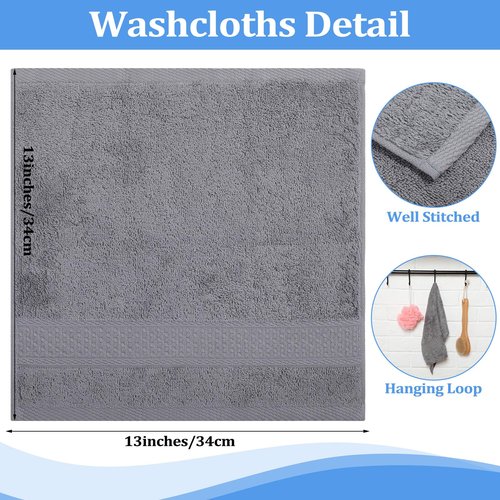 Tudomro 15 Counts Washcloths Bulk 13 x 13 Inch 100% Cotton Wash Cloths Set Soft Absorbent Face Cloths Face Towels Quick Drying Hand Fingertip Towels for Hotel, Gym, Bathroom, Spa(Blue Gray Series)