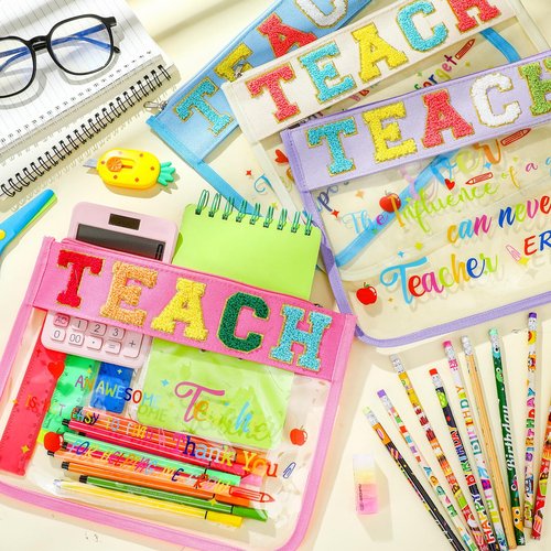 Kacctyen 4 Pcs Back to School Makeup Bags Gift for Teacher Chenille Letter Toiletry Bag Pouch with Zipper Travel Accessory Organizer Gifts Women Teacher