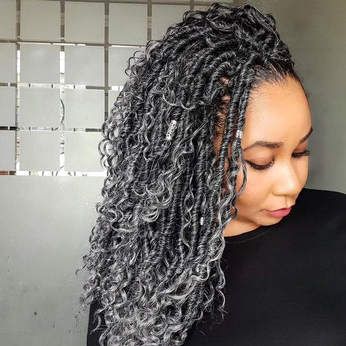 Faux Locs Crochet Hair 18 Inch Goddess Locs Ombre Grey Crochet Hair for Women 6 Packs Soft River Gray Pre Looped Braids with Curly Ends Boho Hippie Synthetic Hair Extensions, 1b/grey